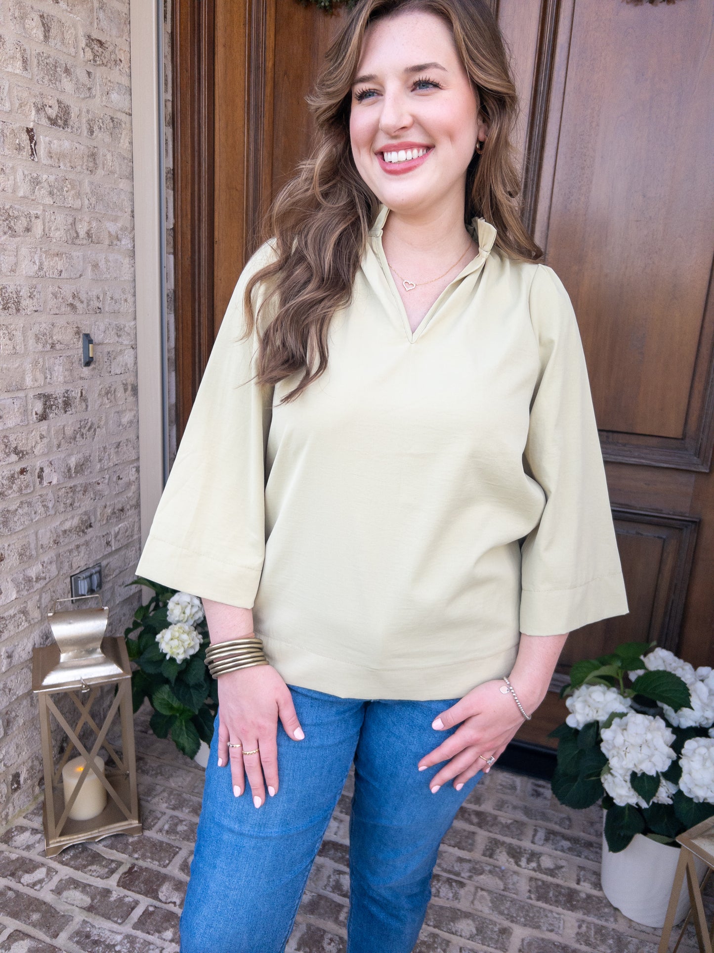 Pistachio Ruffled Neck Blouse