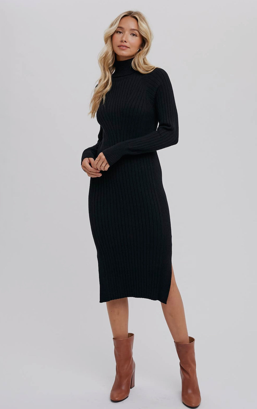Black Turtleneck Ribbed Dress