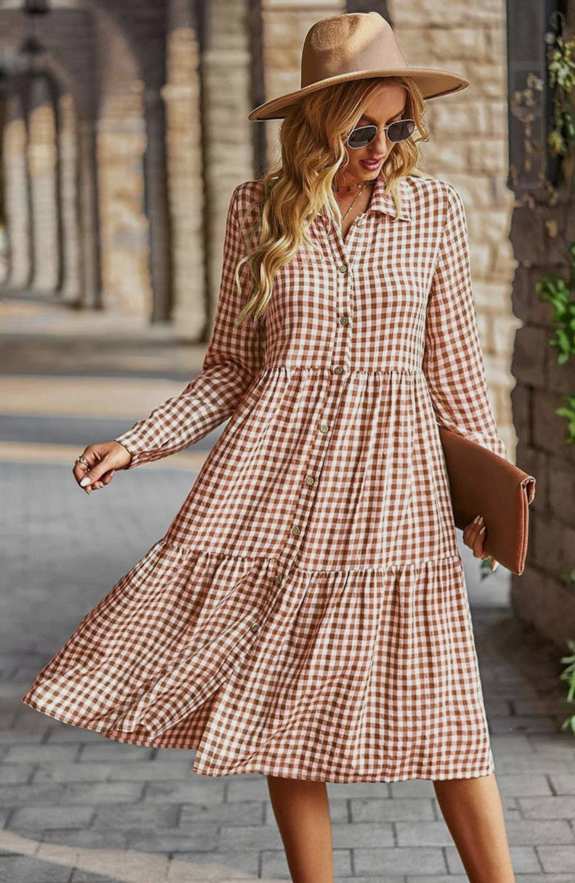 Tan Gingham Midi