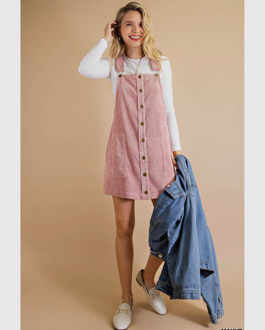 Pink Corduroy Overall Dress
