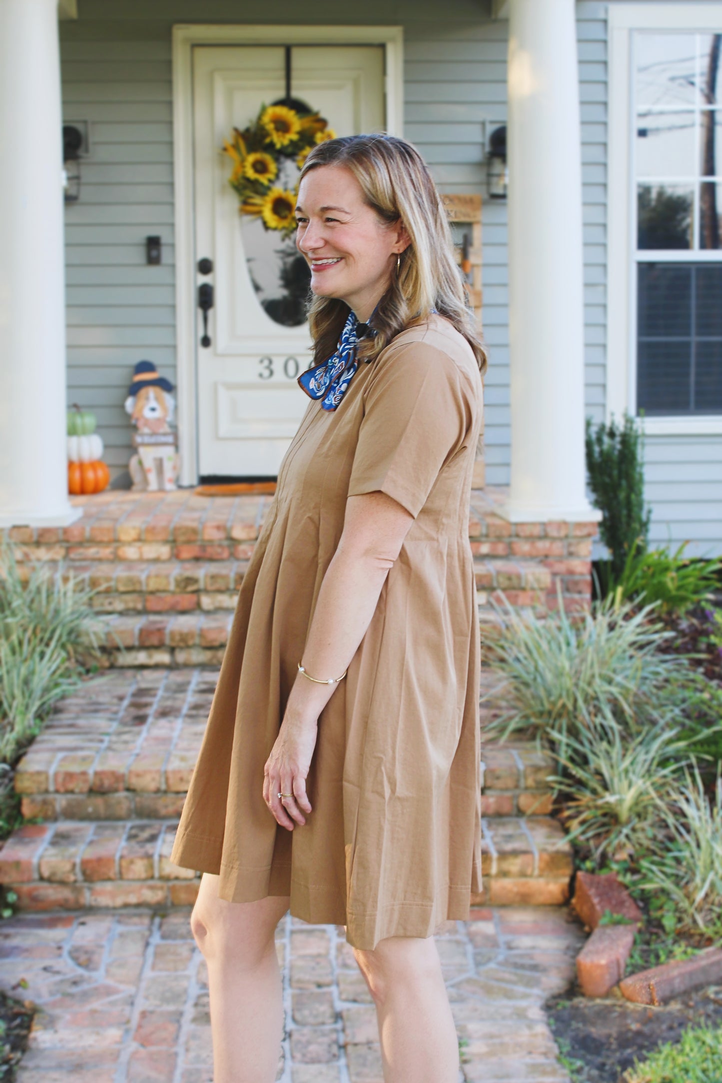 Camel Pleated Flare Dress