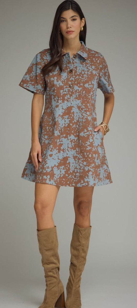 Brown & blue denim mini dress