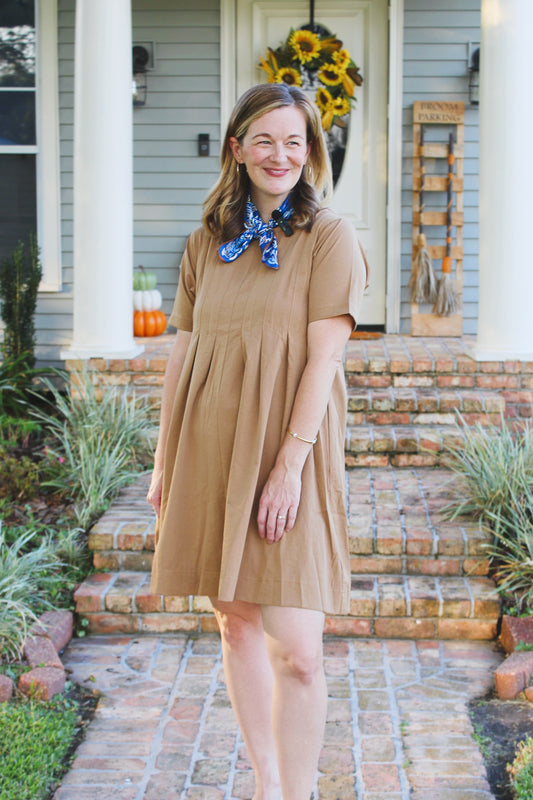 Camel Pleated Flare Dress
