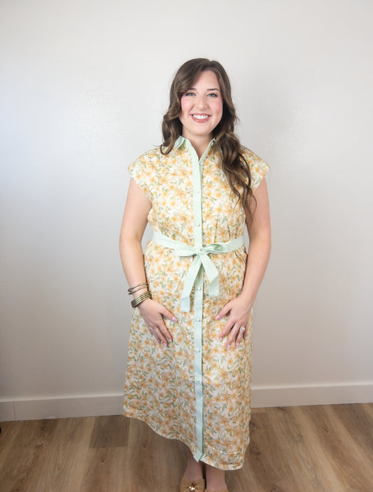 Green floral and stripe midi
