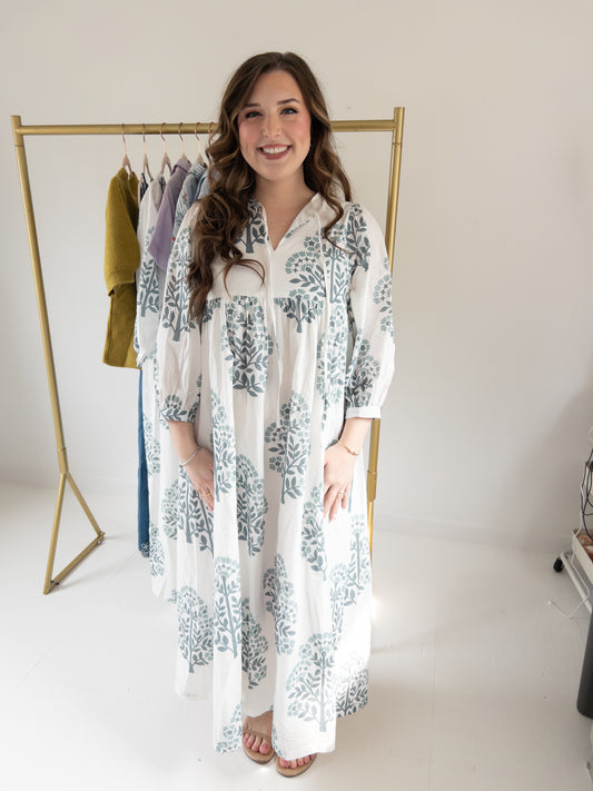 Blue Floral Print Midi Dress