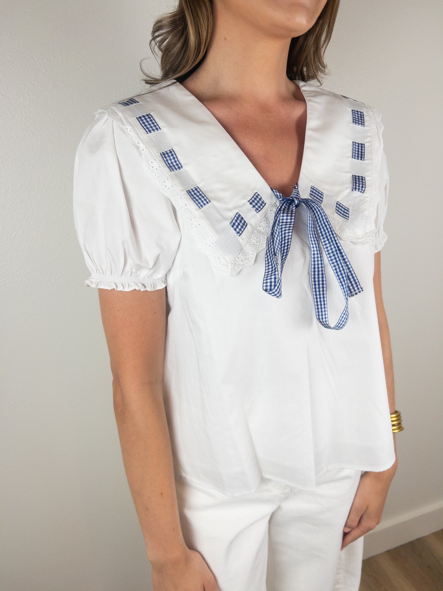 Blue checkered tie collar top