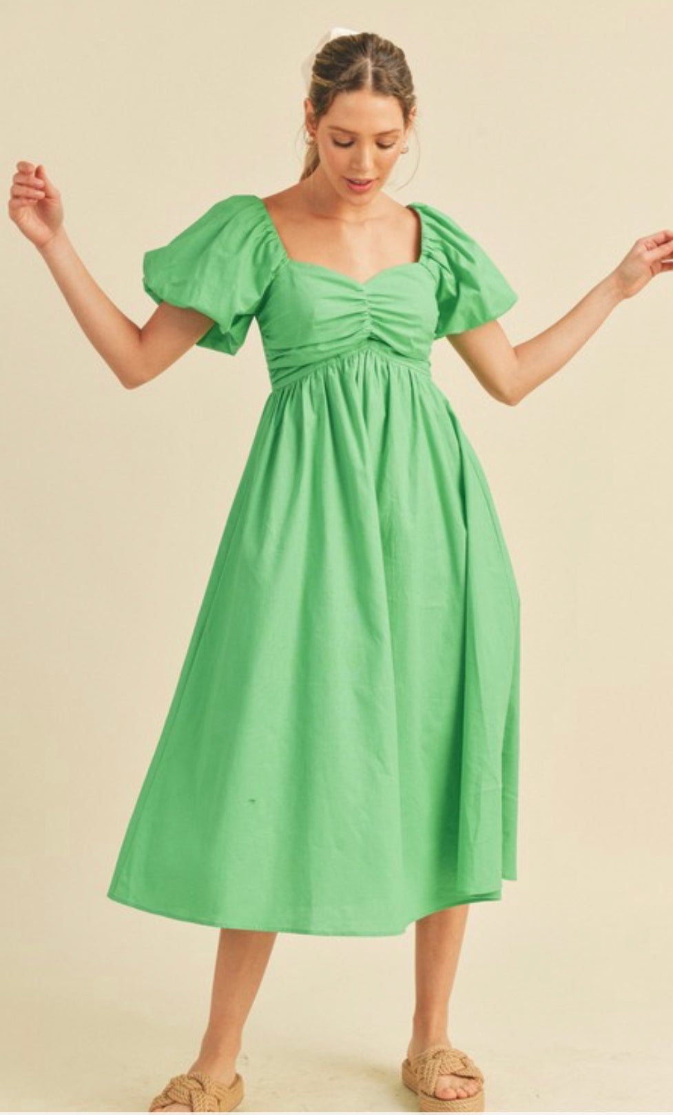Green Puff Sleeve Midi Dress
