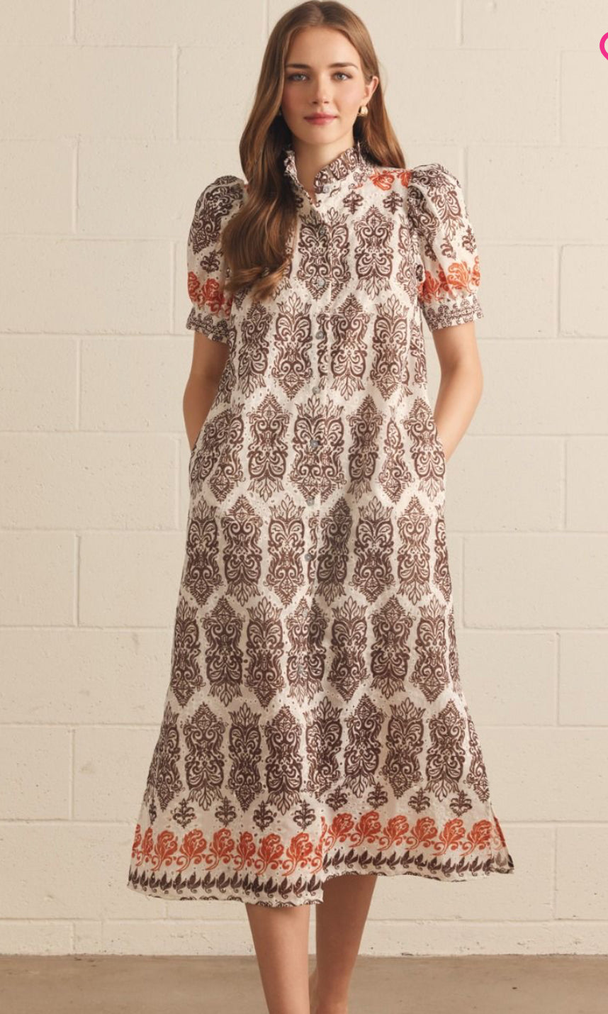 Brown Block Print Midi