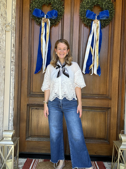 White Eyelet Button Down Top