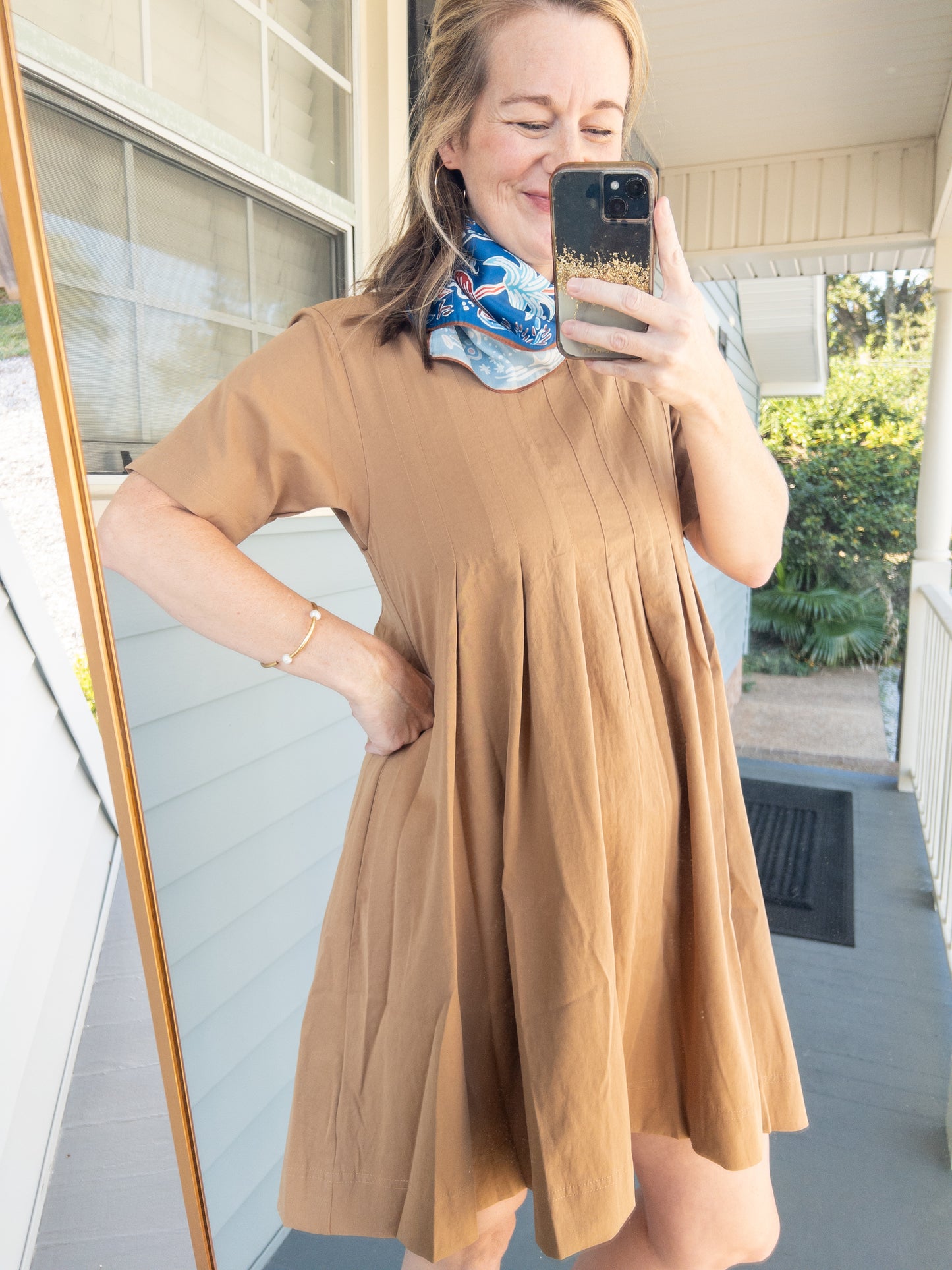 Camel Pleated Flare Dress
