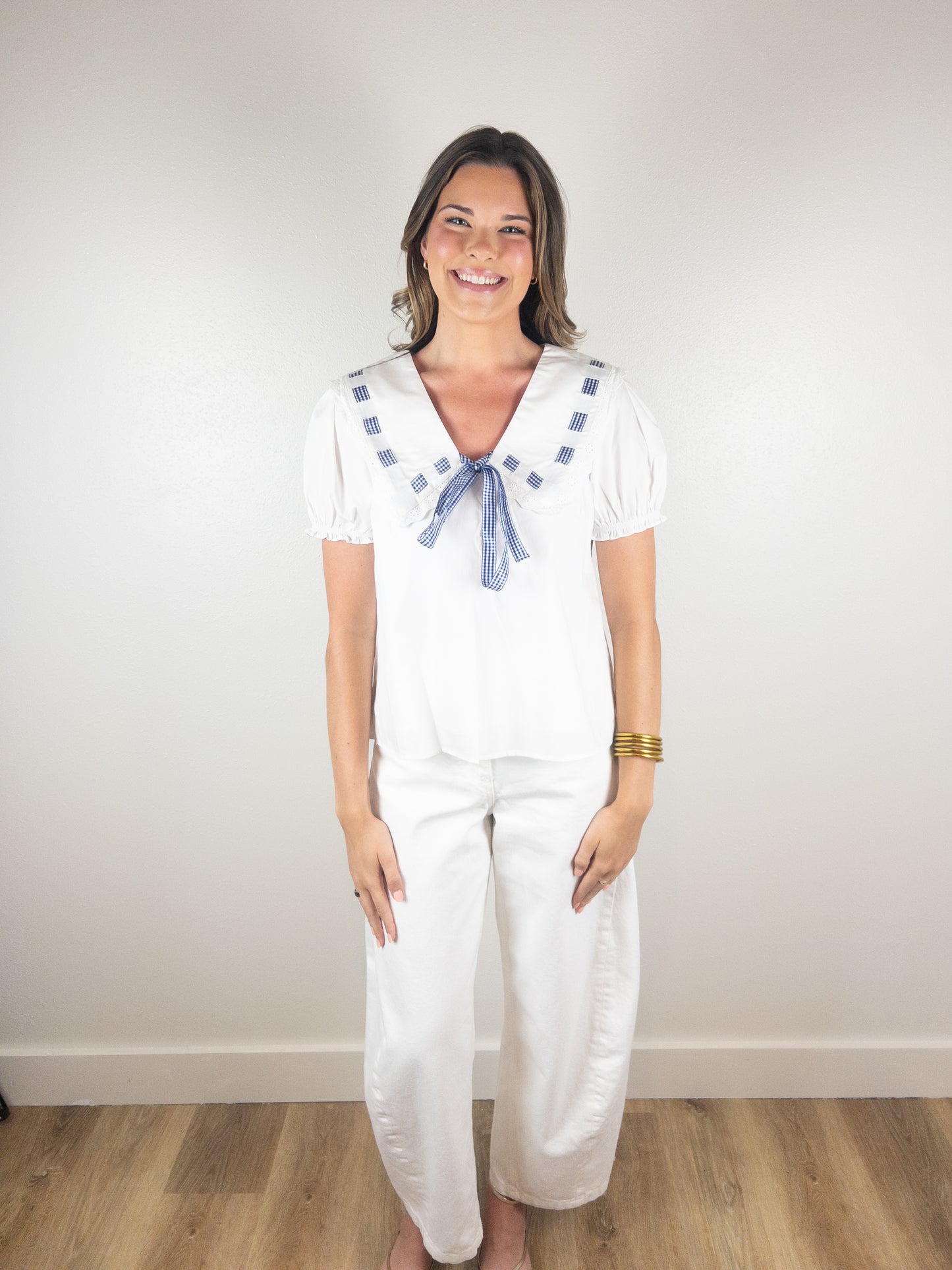 Blue checkered tie collar top
