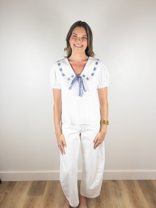 Blue checkered tie collar top