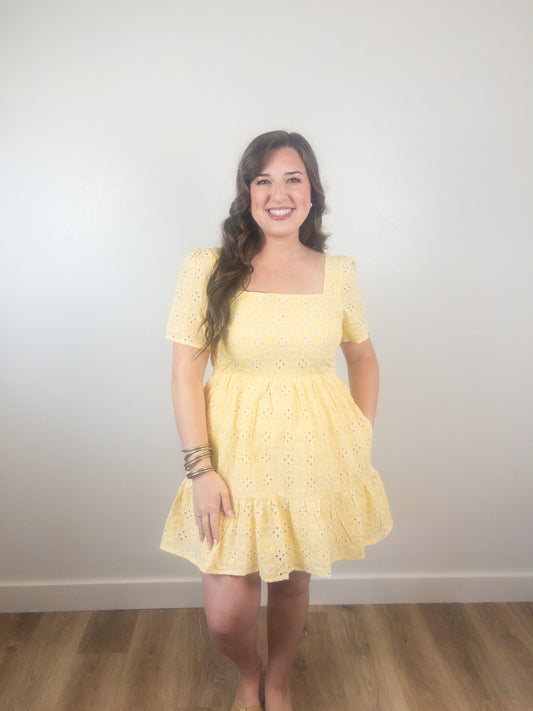 Lemon Eyelet Mini Dress