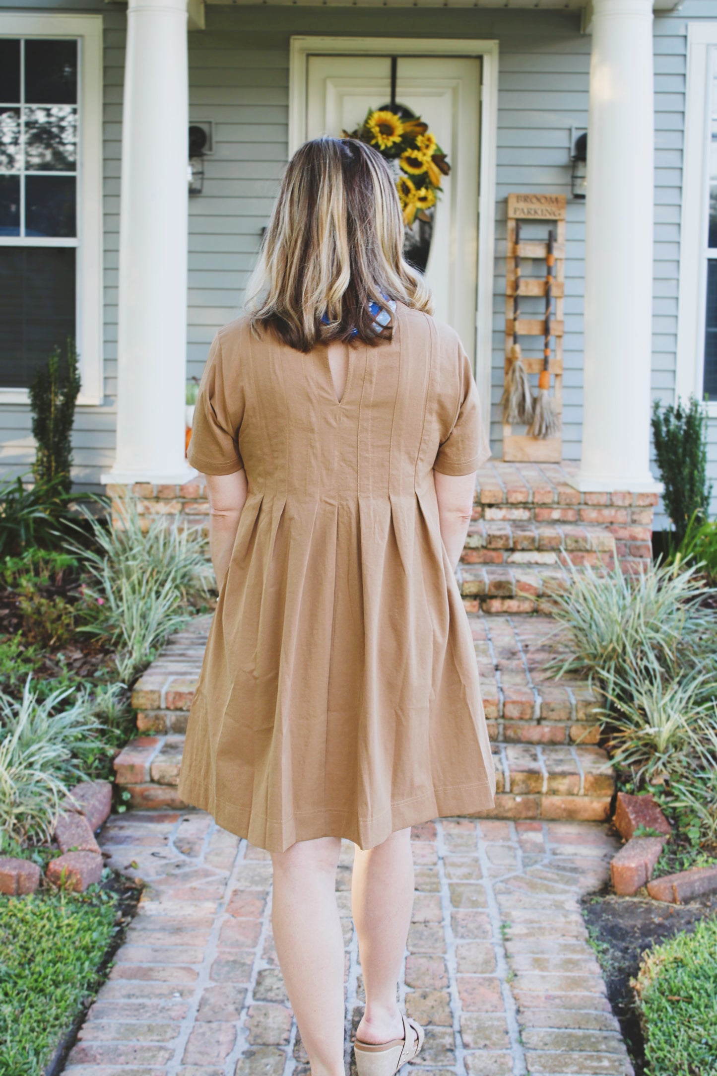 Camel Pleated Flare Dress