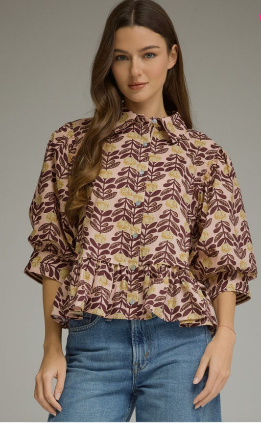 Burgundy and Gold Floral Peplum