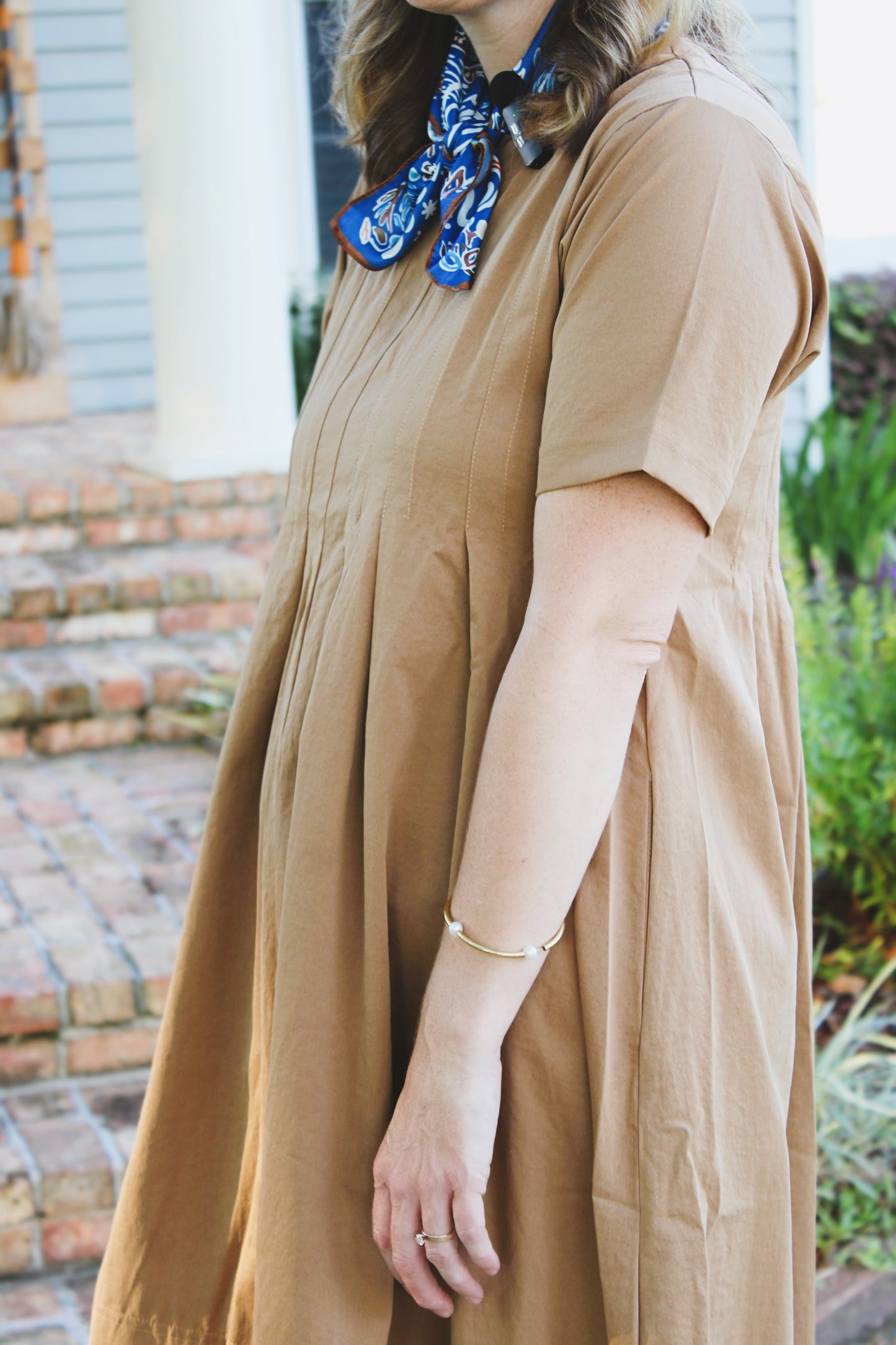 Camel Pleated Flare Dress
