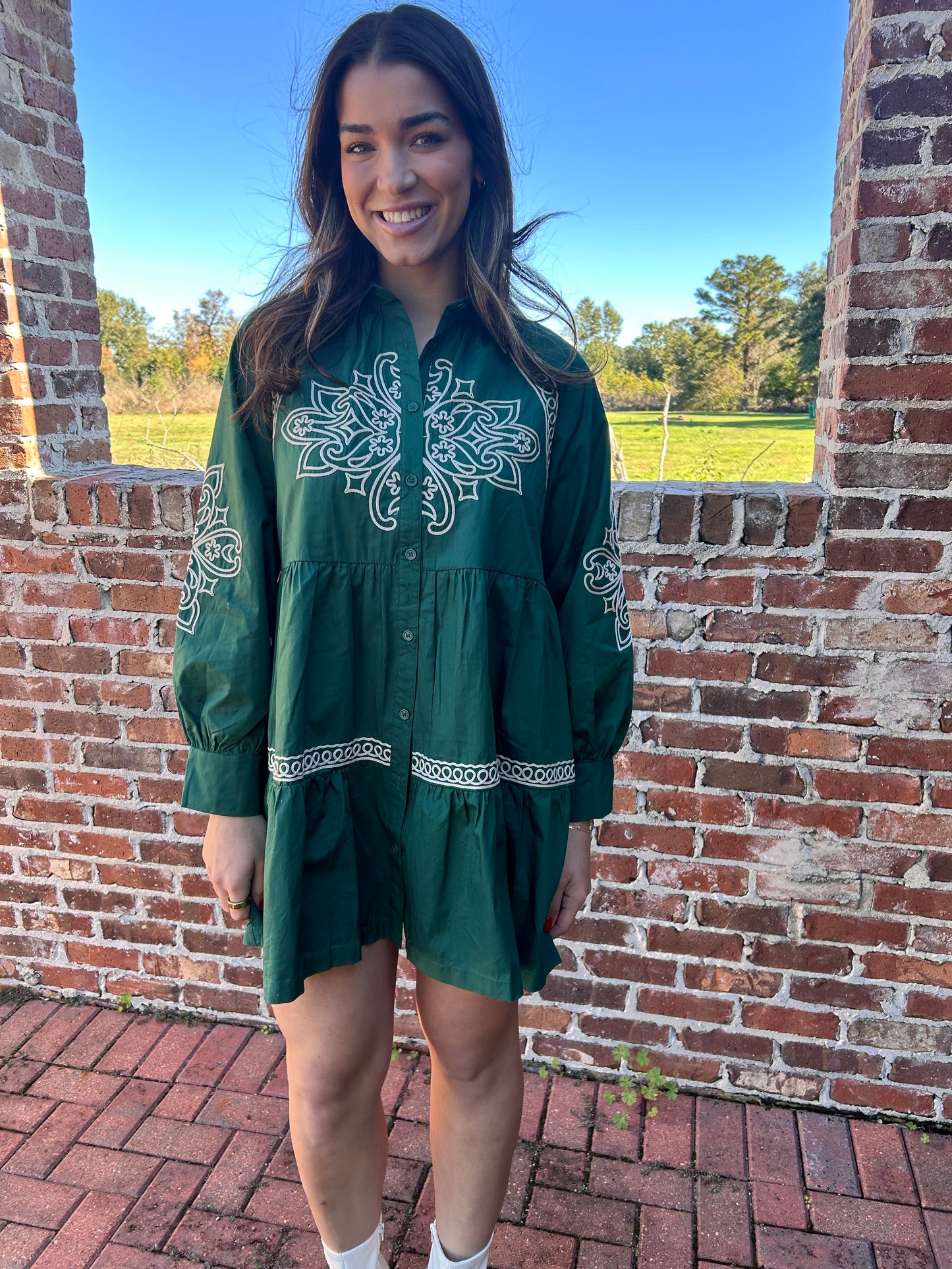 Green Embroidered Mini Dress