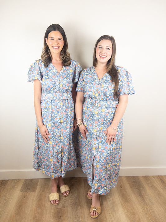 Blue Scallop Floral Midi